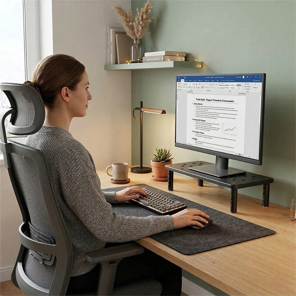 Femme travaillant sur un bureau avec écran surélevé par le SteelElevation X3 pour une posture saine.