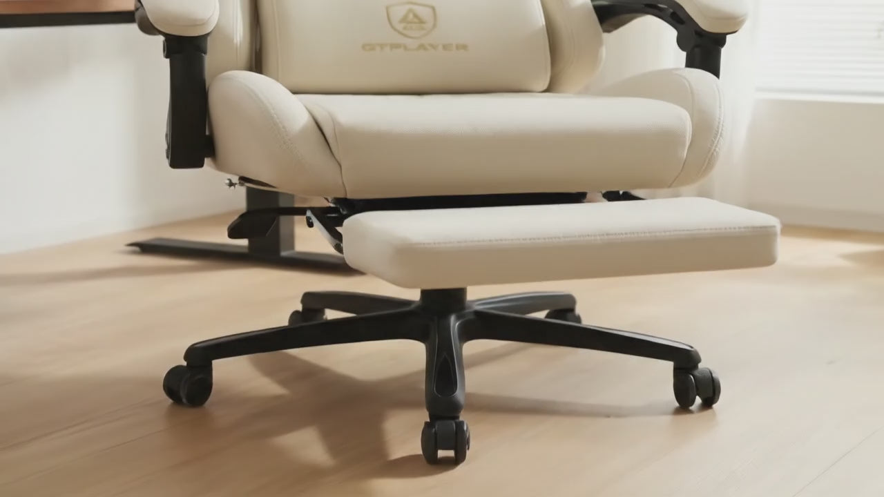 Chaise de bureau ergonomique GTPLAYER Gaming (crème) avec repose-pieds escamotable. Revêtement en similicuir, coussins lombaire et appui-tête amovibles (logo GTPLAYER). Parfait pour le travail ou le jeu.