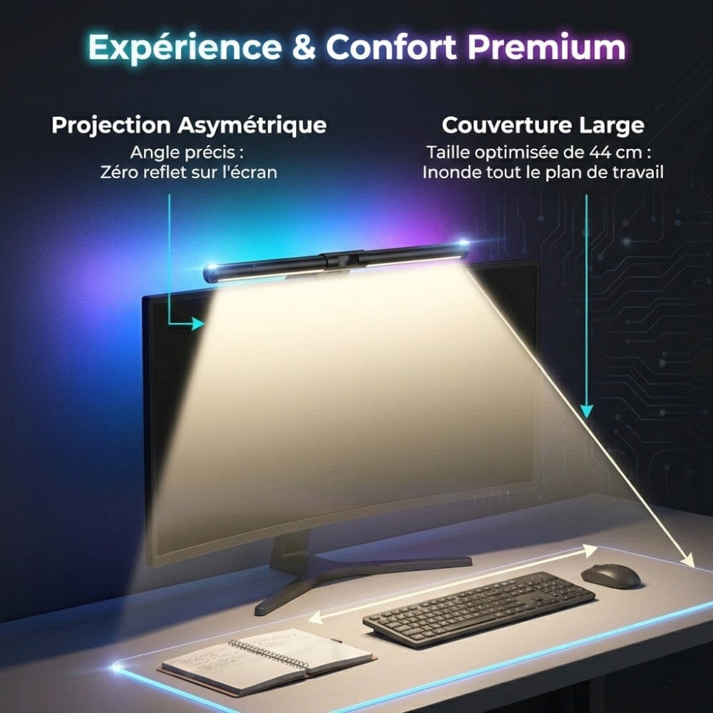 Schéma de la projection lumineuse asymétrique de la Screenbar CHROMAX garantissant un éclairage sans reflet sur l'écran.