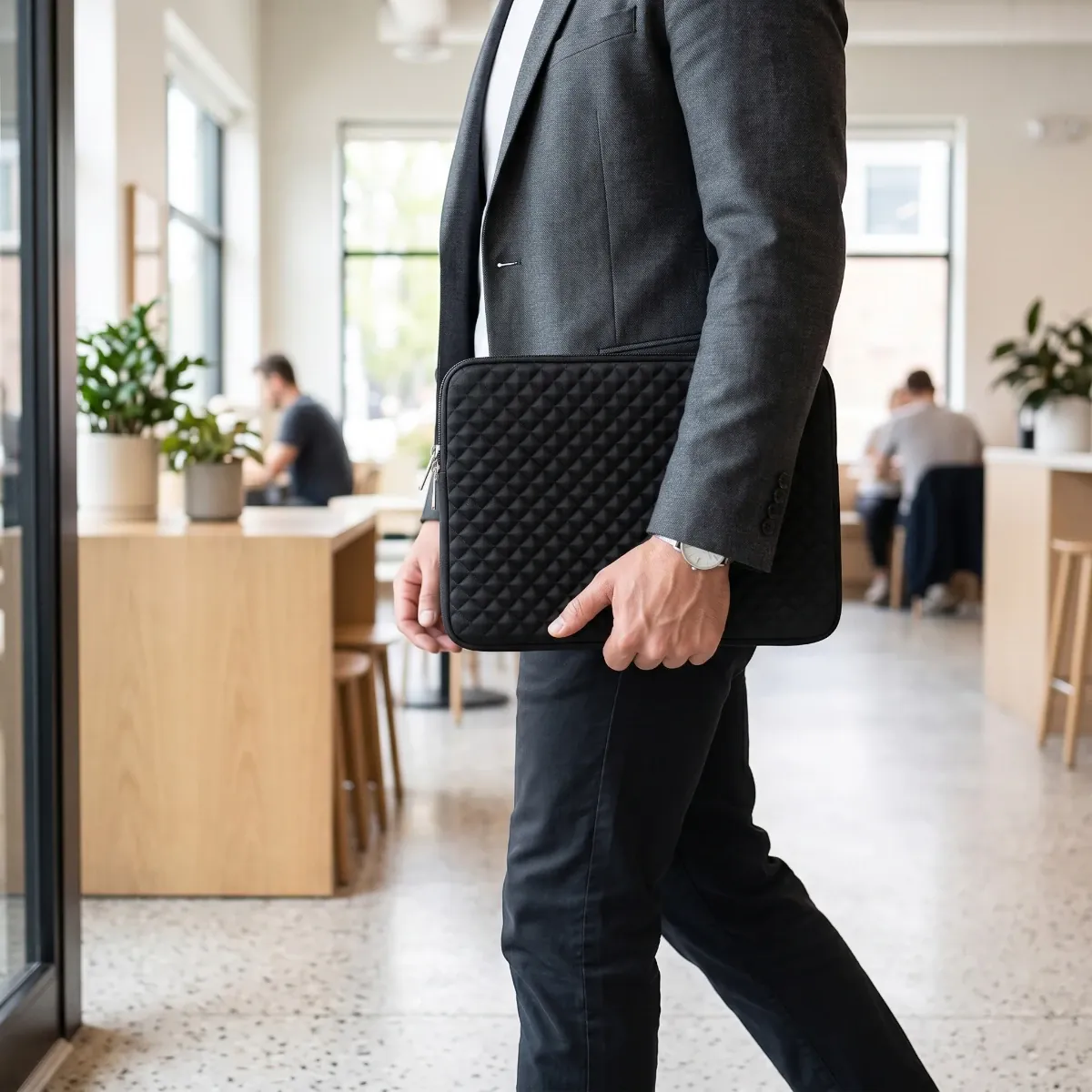 Protection nomade ergonomique avec la housse ordinateur Diamant portée par un professionnel.