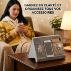 Poches latérales du rehausseur tablette ErgoNest permettant de ranger téléphone, câbles et stylos avec clarté.