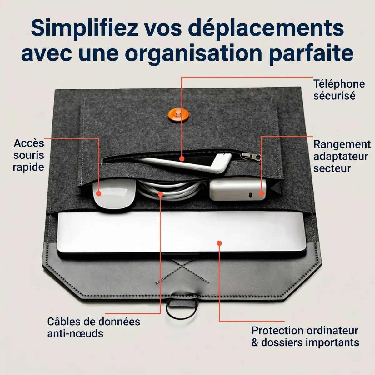Détail des poches de rangement intérieur de la pochette ordinateur Ace Coat