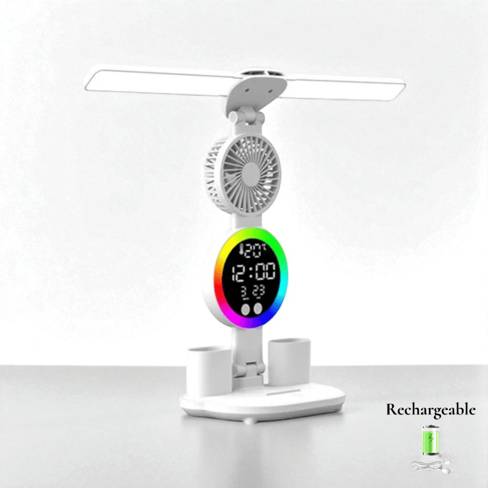 Rechargeable avec ventilateur intégré Lampe de Bureau LED Multifonction Avec Ventilateur et Horloge