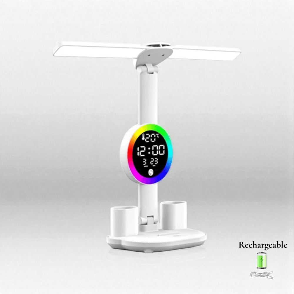 Rechargeable Lampe de Bureau LED Multifonction Avec Ventilateur et Horloge
