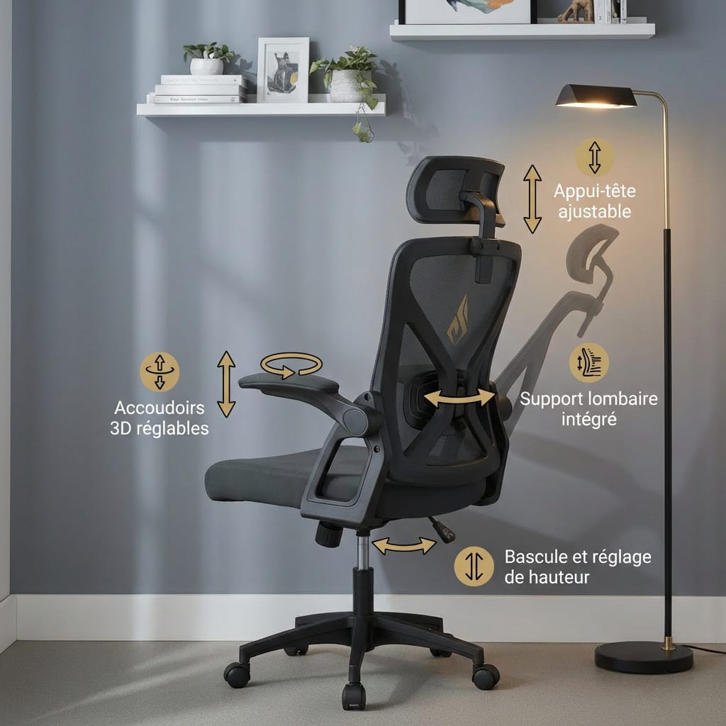 Vue arrière détaillée des réglages de la Chaise Ergonomique de Bureau avec Appui-Tête Réglable et Support Lombaire - Dossier Mesh Respirant.