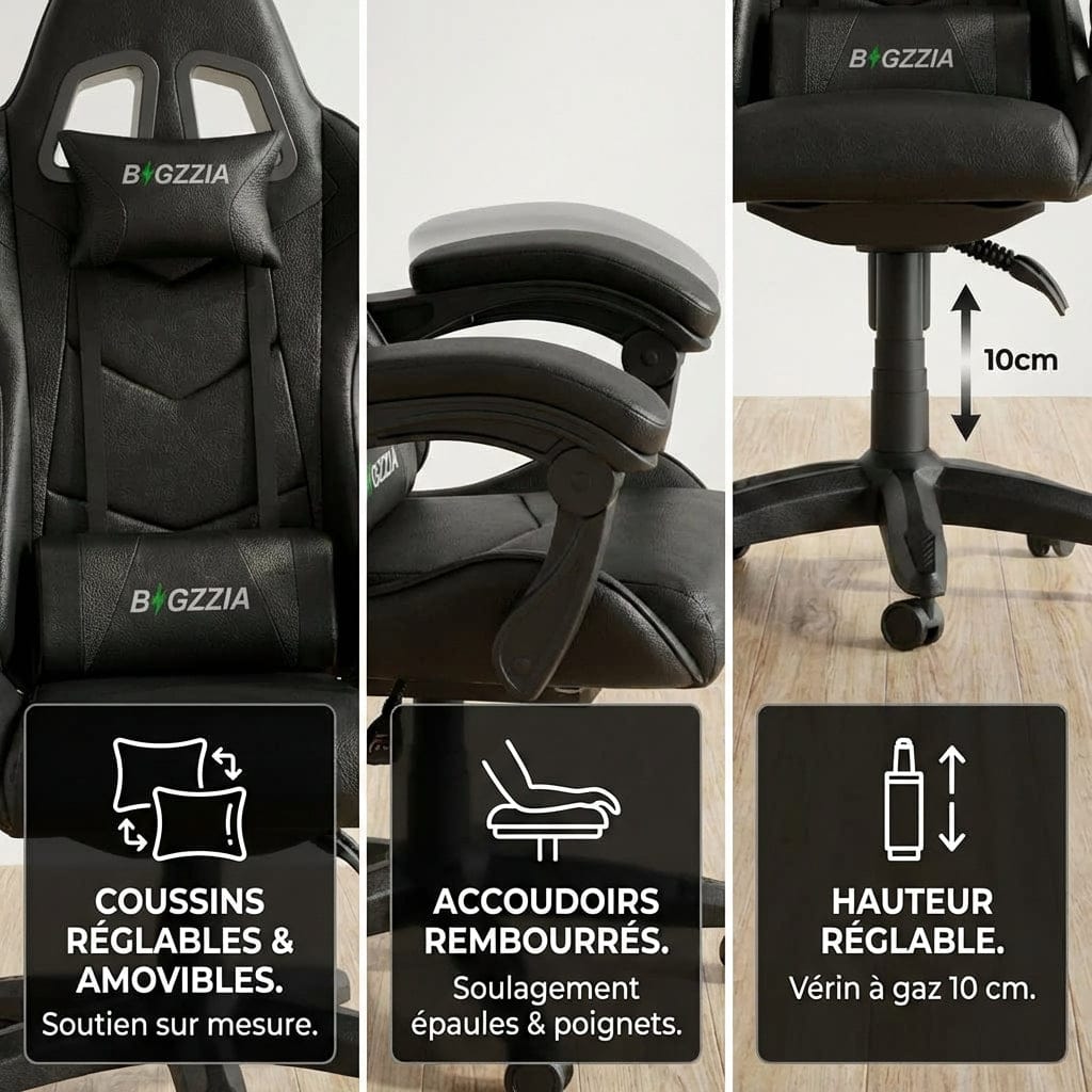 Détails des réglages : vérin à gaz de 10cm, accoudoirs rembourrés et coussins amovibles.