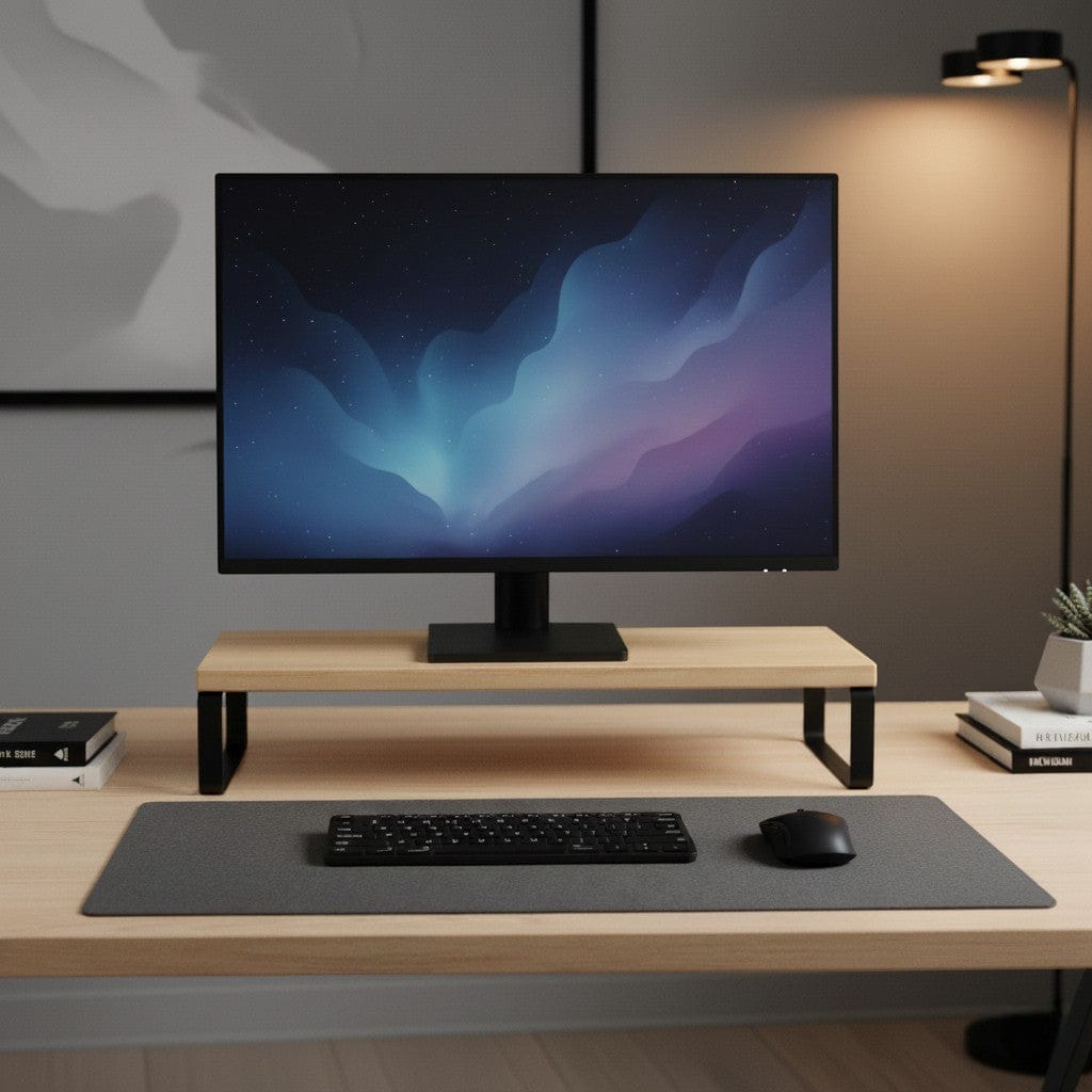 Rehausseur de moniteur en bois clair et métal noir sur bureau avec écran, clavier et souris, setup ergonomique minimaliste avec lampe design