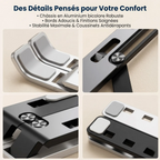 Gros plans sur les finitions du rehausseur ordinateur portable AeroRise et ses patins de protection en silicone gris antidérapant.