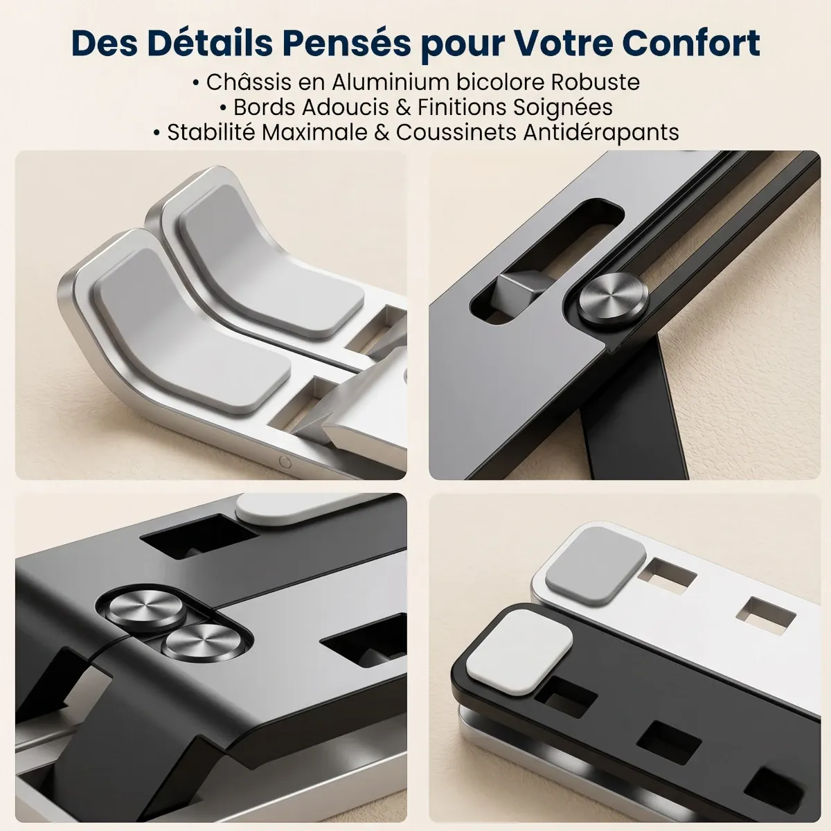 Gros plans sur les finitions du rehausseur ordinateur portable AeroRise et ses patins de protection en silicone gris antidérapant.