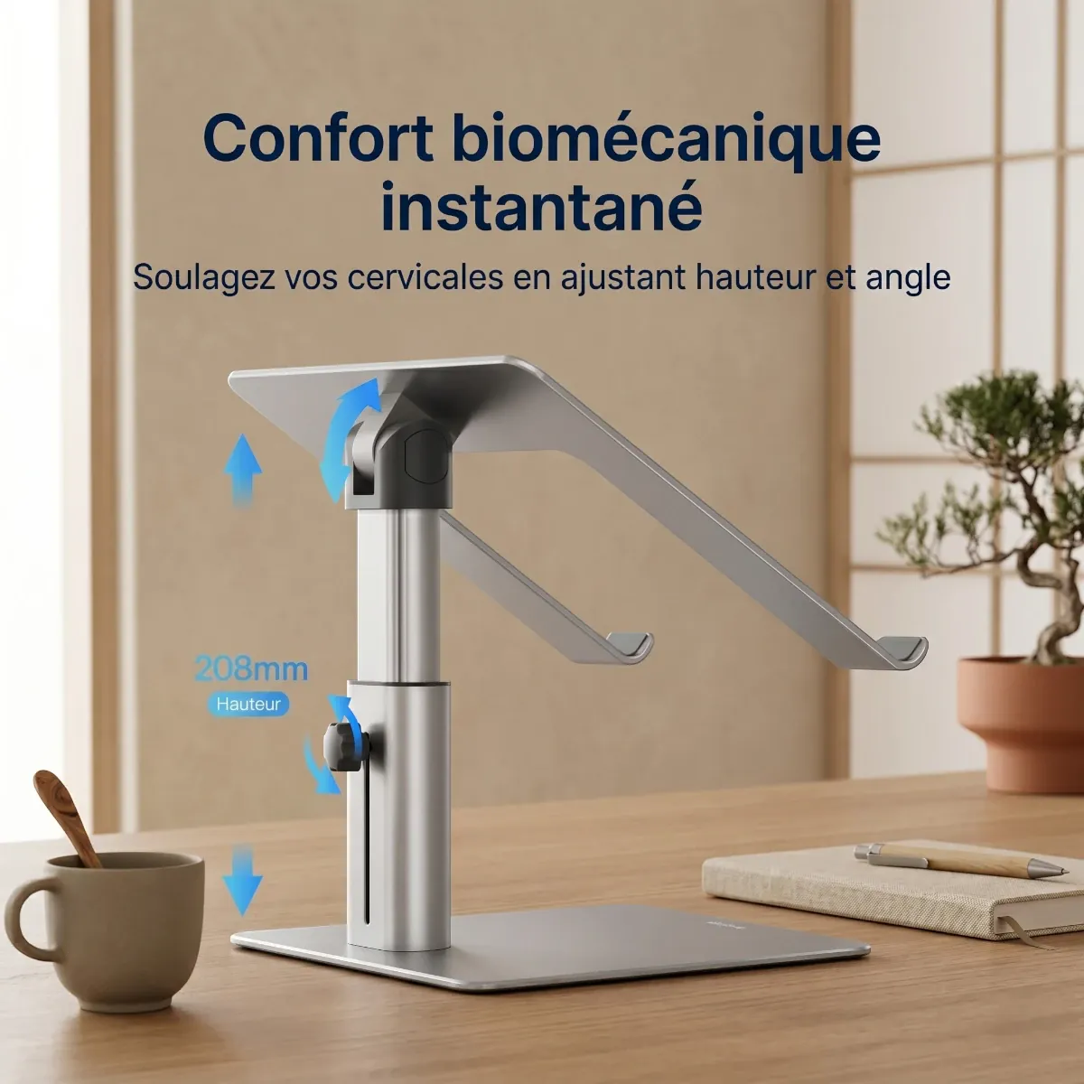 Réglage millimétrique et ajustement de la hauteur du rehausseur ordinateur portable en acier pour un confort biomécanique sur mesure.