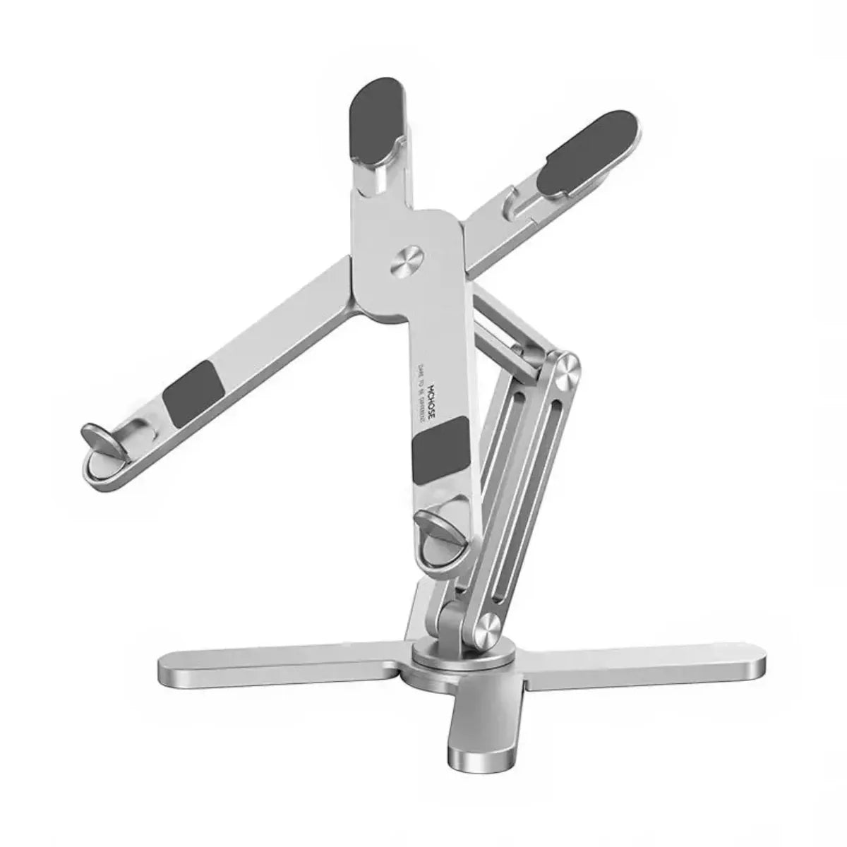Rehausseur ordinateur portable AeroAxis 360 en aluminium argenté, vue de trois-quarts mettant en valeur les patins en silicone.