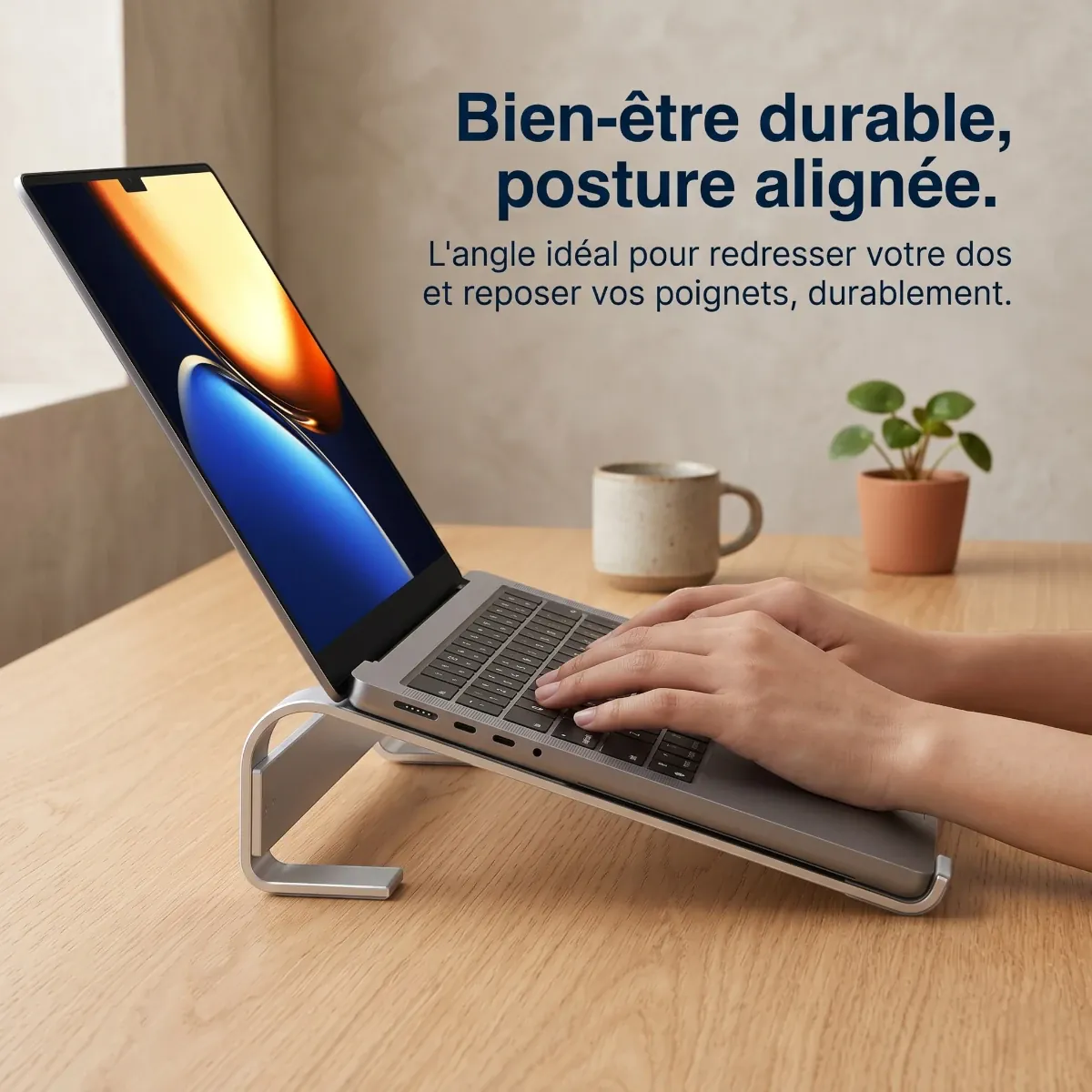 Ordinateur Mac incliné sur son rehausseur en aluminium pour un confort de frappe optimal et des poignets soulagés.