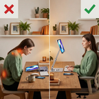 Rehausseur tablette Motion360 montrant le bénéfice ergonomique avant et après pour soulager les cervicales.