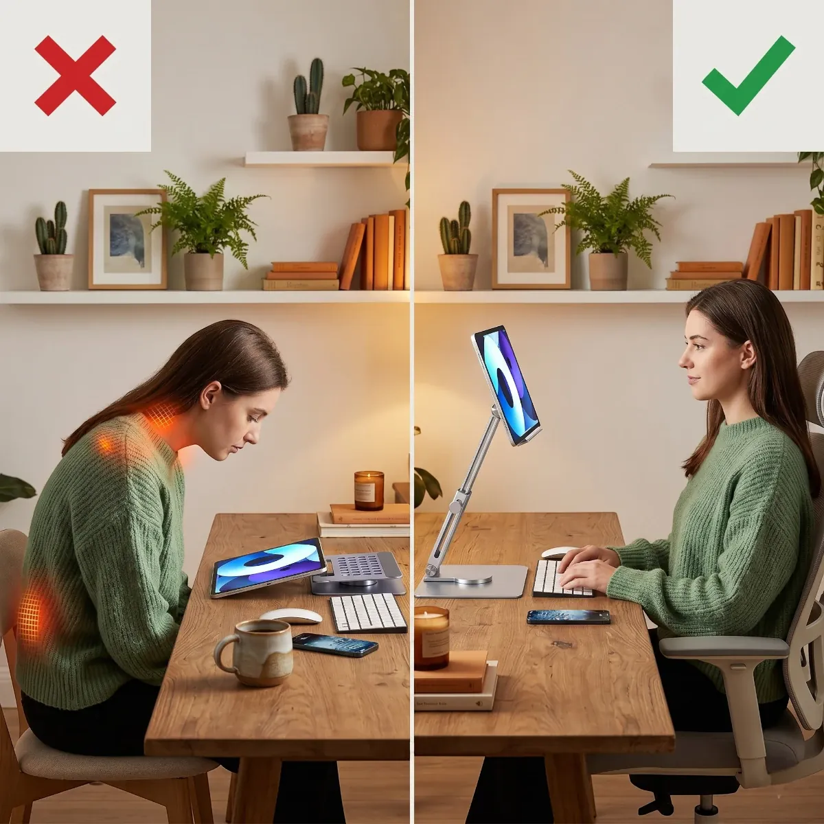 Rehausseur tablette Motion360 montrant le bénéfice ergonomique avant et après pour soulager les cervicales.