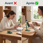 Comparatif posturale montrant l'efficacité du rehausseur téléphone ApexFlex Pro pour éliminer la flexion cervicale et le syndrome du text-neck au quotidien.