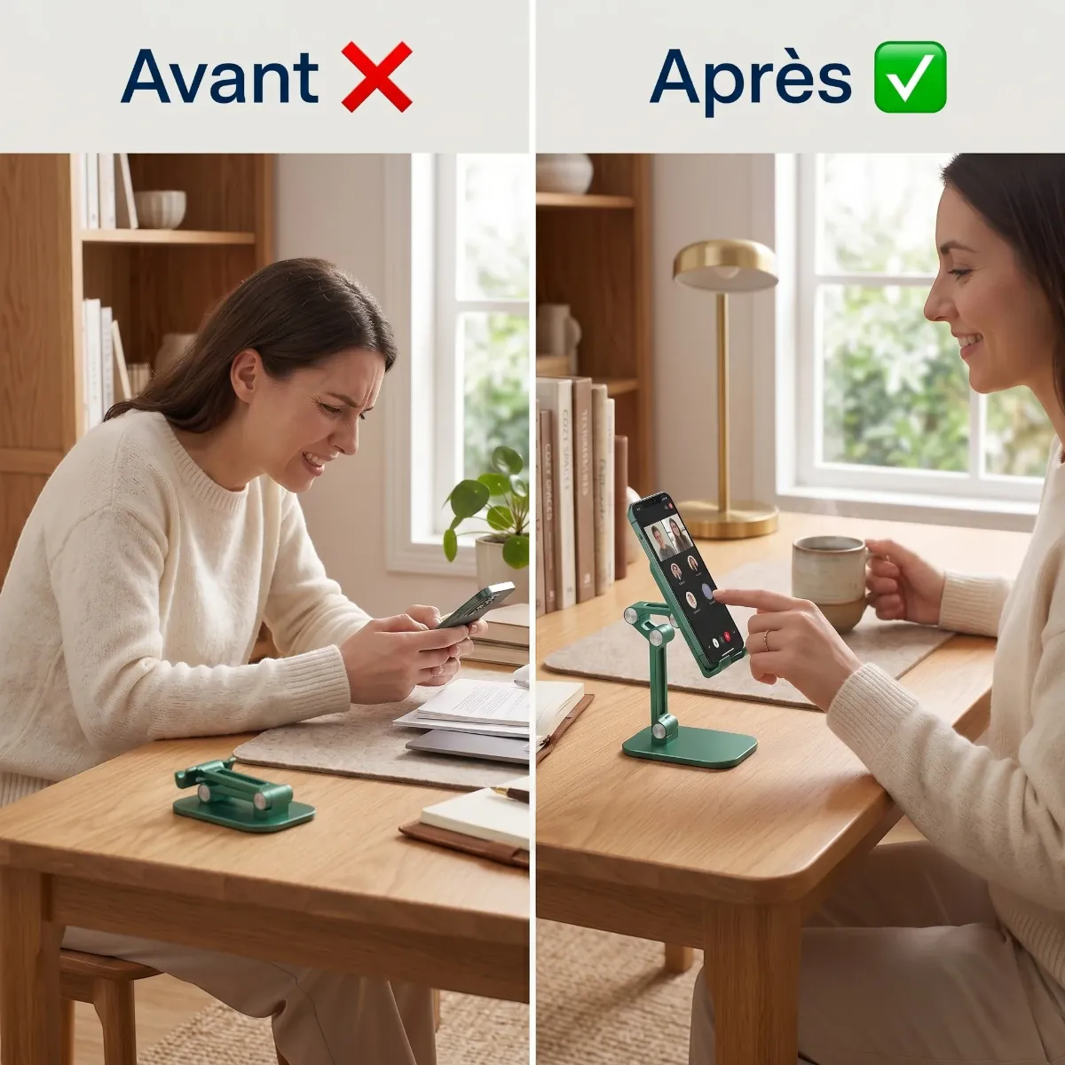 Comparatif posturale montrant l'efficacité du rehausseur téléphone ApexFlex Pro pour éliminer la flexion cervicale et le syndrome du text-neck au quotidien.