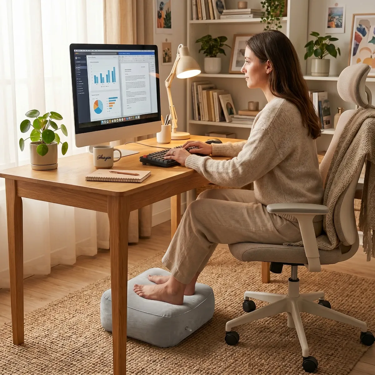 Mise en situation du repose-pieds ergonomique Aero Step dans un bureau à domicile pour une posture saine.