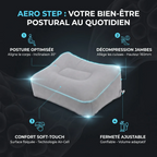 Infographie des bénéfices du Aero Step : posture optimisée, décompression des jambes et confort pneumatique.
