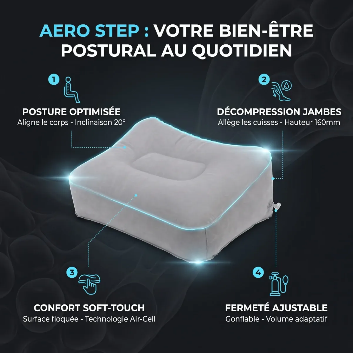 Infographie des bénéfices du Aero Step : posture optimisée, décompression des jambes et confort pneumatique.
