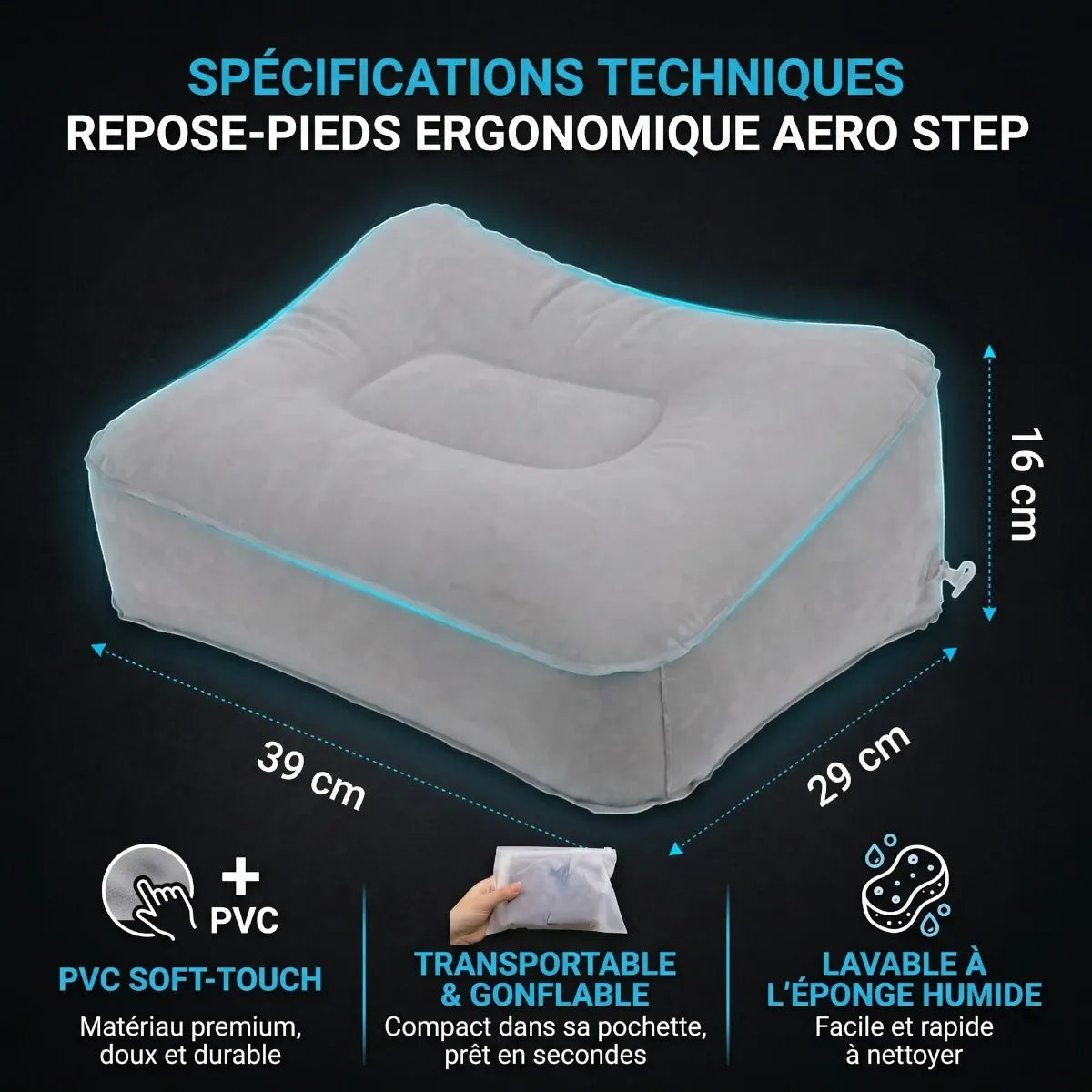 Schéma technique du repose-pieds ergonomique Aero Step indiquant les dimensions de 39x29x16 cm.