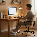 Photo d'ambiance d'un homme travaillant dans son home office avec un repose-pieds ergonomique Aura-Flex blanc sous son bureau, favorisant une posture de bureau saine et la circulation.