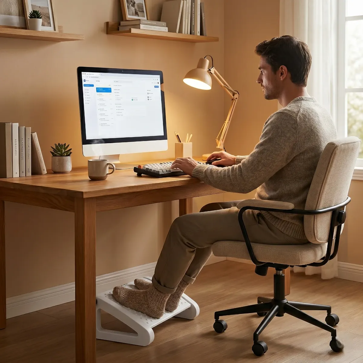 Photo d'ambiance d'un homme travaillant dans son home office avec un repose-pieds ergonomique Aura-Flex blanc sous son bureau, favorisant une posture de bureau saine et la circulation.