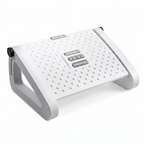 Vue de 3/4 d'un repose-pieds ergonomique Aura-Flex blanc, en polymère haute densité pour une circulation sanguine améliorée et une correction de posture.