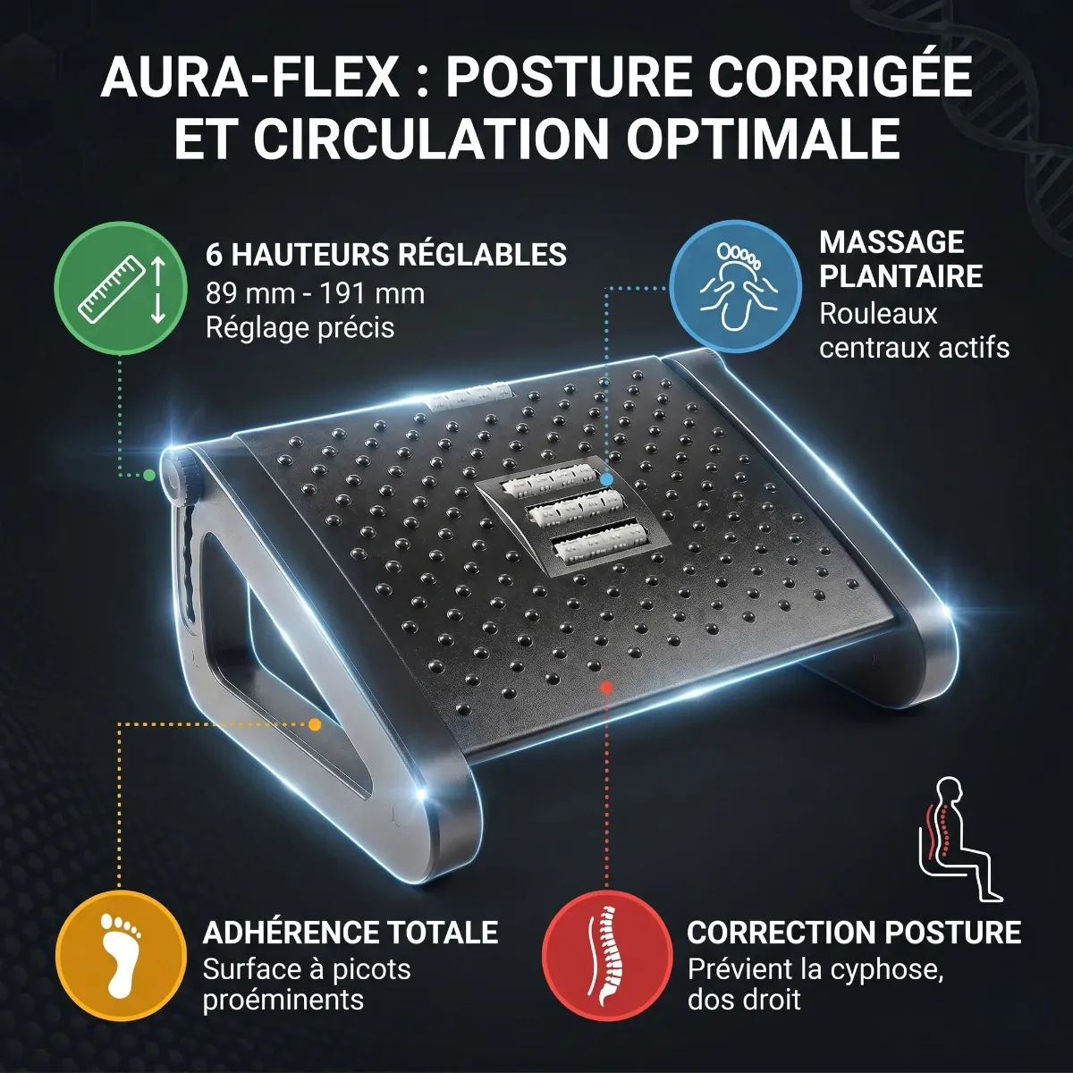 Infographie récapitulative des principaux avantages du repose-pieds ergonomique Aura-Flex : 6 hauteurs réglables, massage plantaire, adhérence totale par picots, et correction de posture pour une circulation optimale.