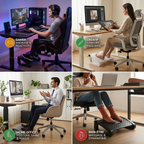 Mosaïque illustrant quatre contextes d'utilisation du repose-pieds ergonomique Aura-Flex : Gaming (ancrage), Créatif (confort prolongé), Home Office (posture saine), et Bien-être (massage).