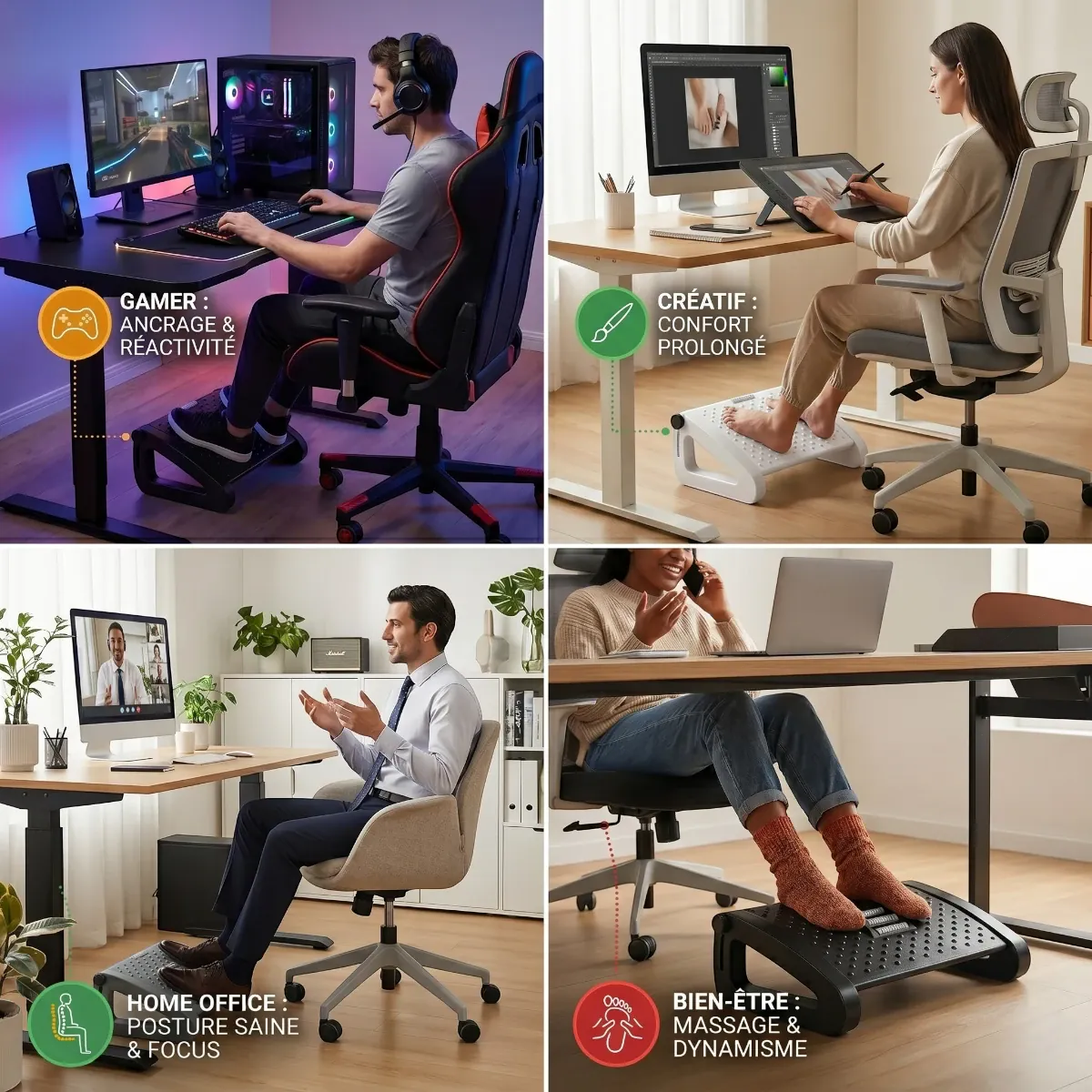 Mosaïque illustrant quatre contextes d'utilisation du repose-pieds ergonomique Aura-Flex : Gaming (ancrage), Créatif (confort prolongé), Home Office (posture saine), et Bien-être (massage).