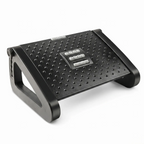 Vue de 3/4 d'un repose-pieds ergonomique Aura-Flex noir pour bureau, fabriqué en polymère haute densité avec surface à picots pour soulager les TMS.