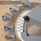 Schéma technique montrant l'ajustement de la hauteur sur 6 niveaux (de 8.9cm à 19.1cm) du repose-pieds ergonomique Aura-Flex, en polymère haute densité pour un confort de bureau optimal.