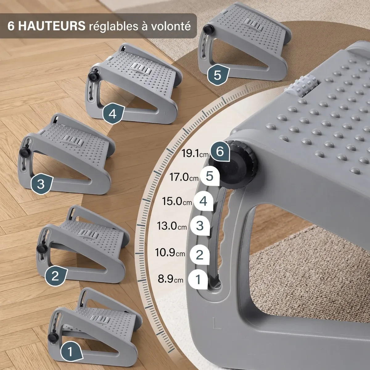 Schéma technique montrant l'ajustement de la hauteur sur 6 niveaux (de 8.9cm à 19.1cm) du repose-pieds ergonomique Aura-Flex, en polymère haute densité pour un confort de bureau optimal.