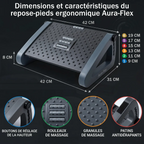 Schéma détaillé des dimensions et caractéristiques techniques du repose-pieds ergonomique Aura-Flex, en polymère haute densité : dimensions générales, ajustement de hauteur, boutons, rouleaux et granules de massage, et patins antidérapants.