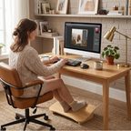 Une femme assise à son bureau à domicile, utilisant le repose-pieds ergonomique en bois Silva pour une posture confortable en chaussettes pendant qu'elle travaille sur son ordinateur.