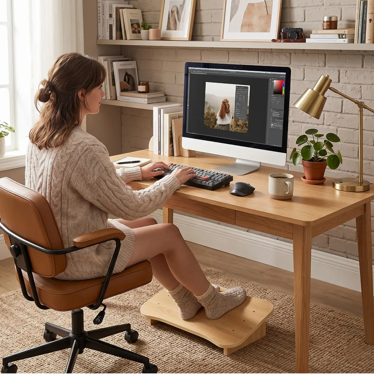 Une femme assise à son bureau à domicile, utilisant le repose-pieds ergonomique en bois Silva pour une posture confortable en chaussettes pendant qu'elle travaille sur son ordinateur.