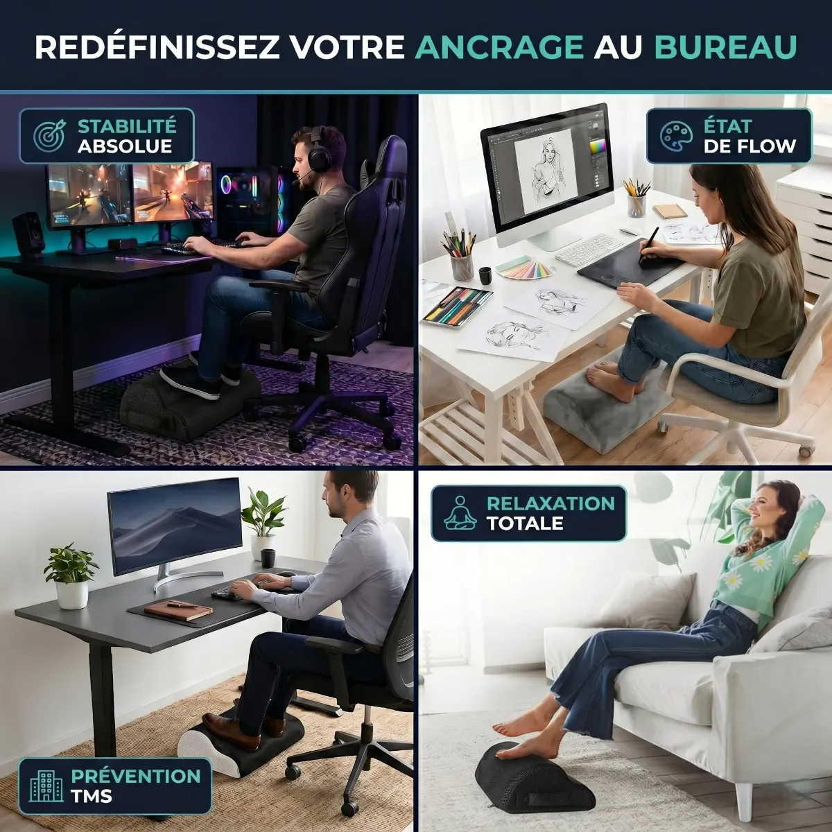 Différents usages du repose-pieds ergonomique CloudBase pour le gaming intense, le travail créatif, le bureau classique et la relaxation à domicile.