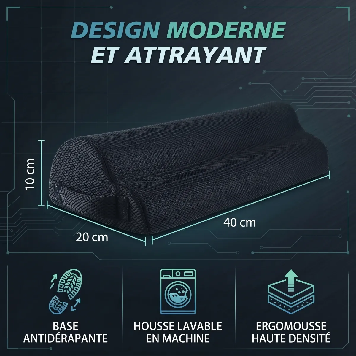 Spécifications du repose-pieds CloudBase montrant la structure en mousse ErgoFoam et la housse en mesh respirant pour un confort postural optimal.