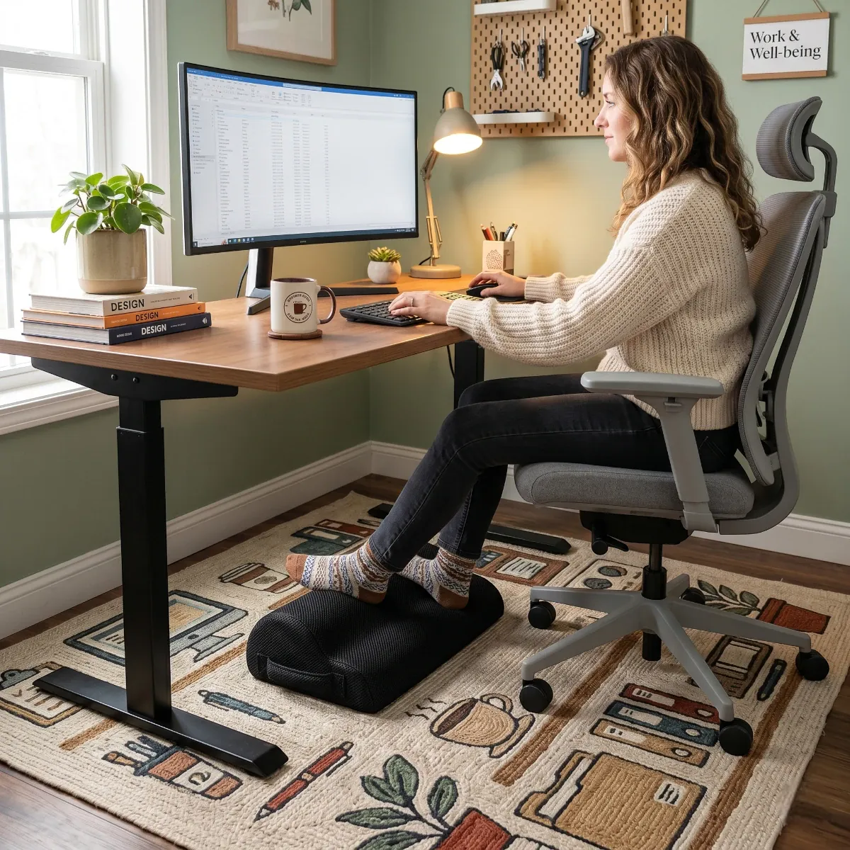 Femme travaillant à son bureau utilisant le repose-pieds ergonomique CloudBase pour maintenir un alignement vertébral sain et réduire la fatigue.