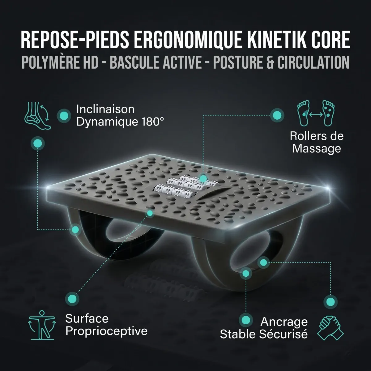 Repose-pieds ergonomique Kinetik Core | Polymère HD - Bascule Active - Posture & Circulation | Diagramme technique détaillé montrant les fonctionnalités : Inclinaison Dynamique 180°, Rollers de Massage, Surface Proprioceptive, Ancrage Stable Sécurisé.
