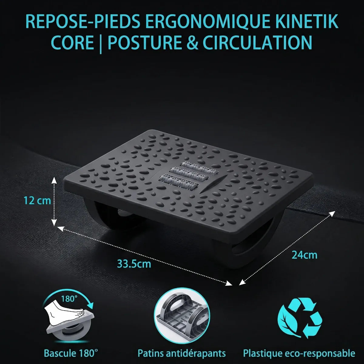 Repose-pieds ergonomique Kinetik Core | Polymère HD - Bascule Active - Posture & Circulation | Diagramme technique montrant les dimensions exactes en cm et en pouces (33.5cm / 13.19in x 24cm / 9.45in x 12cm / 4.72in), le nom du produit (Rocking ottoman), le matériau (PP) et les scénarios d'utilisation.