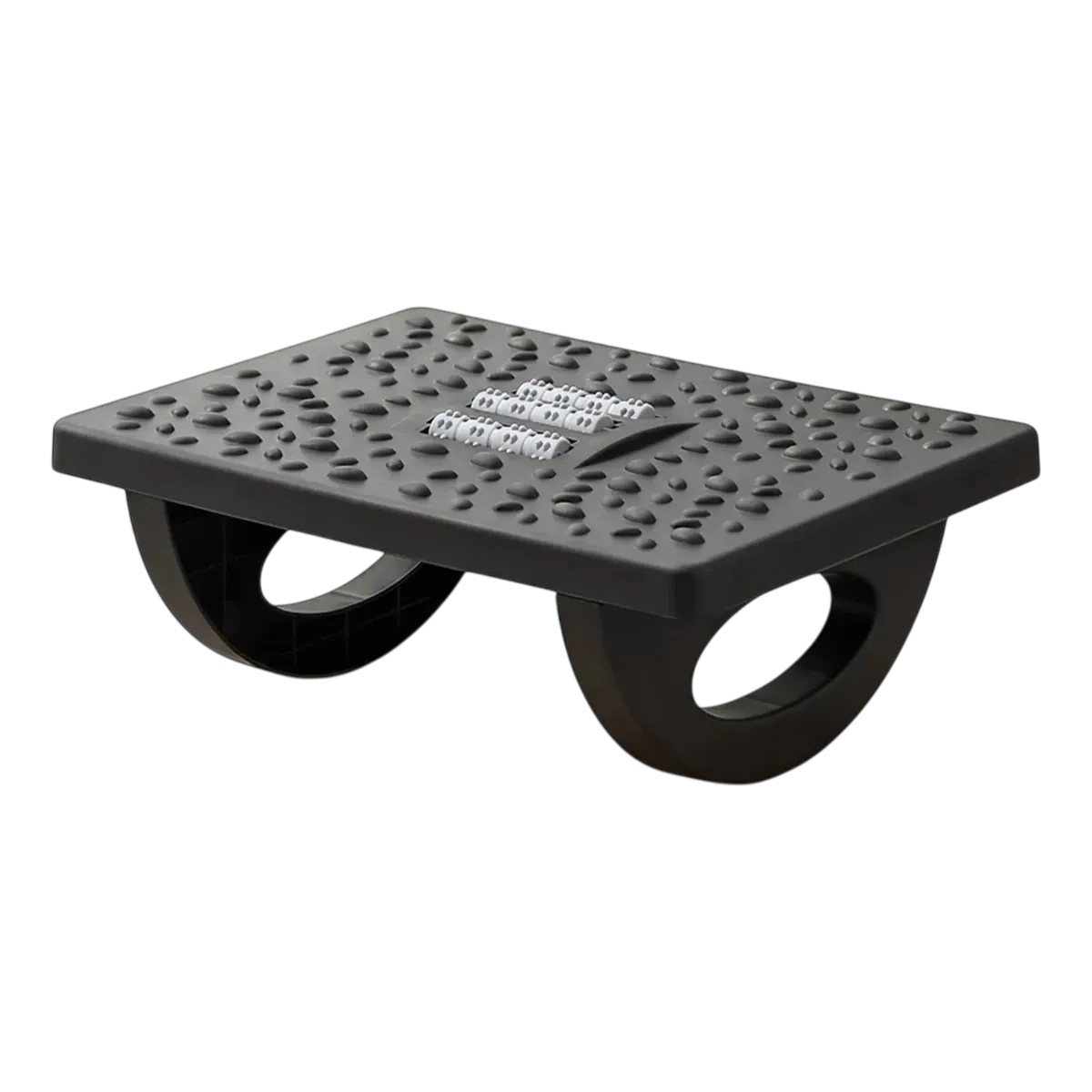 Repose-pieds ergonomique Kinetik Core | Polymère HD - Bascule Active - Posture & Circulation | Version noir, vue isolée sur fond blanc, montrant les picots de massage et les rollers centraux.
