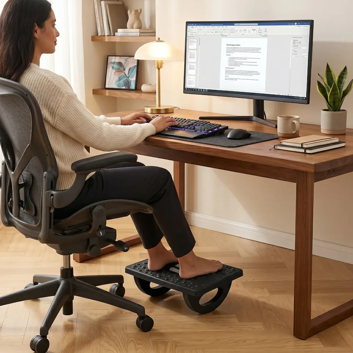 Repose-pieds ergonomique Kinetik Core | Polymère HD - Bascule Active - Posture & Circulation | Lifestyle : Personne assise dans une chaise de bureau ergonomique, utilisant le repose-pieds noir pour améliorer sa posture et sa circulation au bureau à domicile.