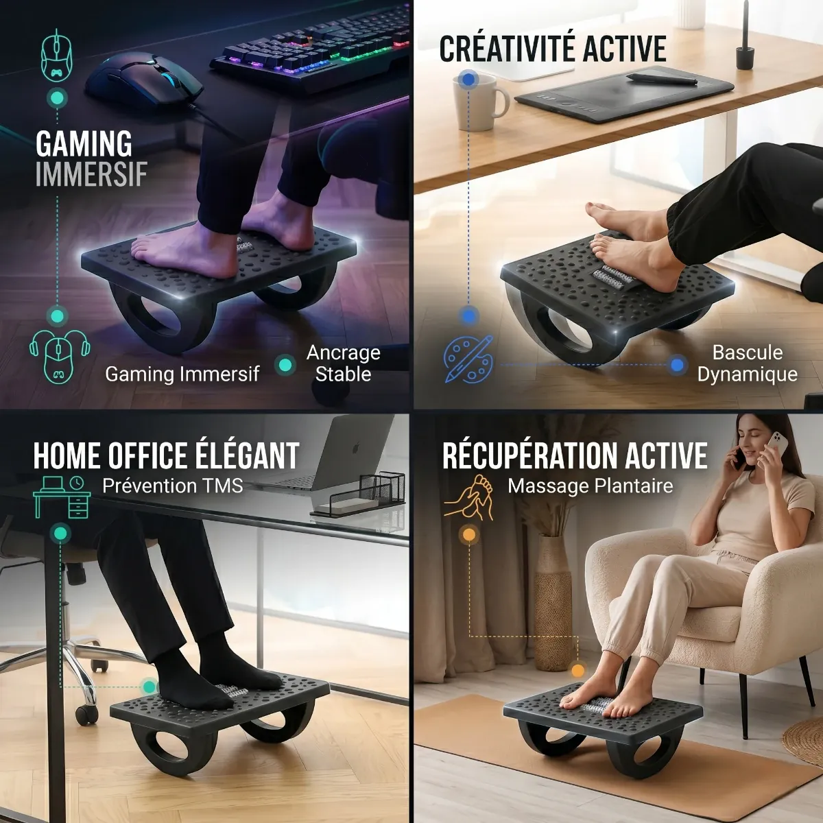 Repose-pieds ergonomique Kinetik Core | Polymère HD - Bascule Active - Posture & Circulation | Triptyque d'infographie montrant l'utilisation dans quatre scénarios : Gaming Immersif, Créativité Active, Home Office Élégant et Récupération Active, avec des points de fonctionnalité détaillés.