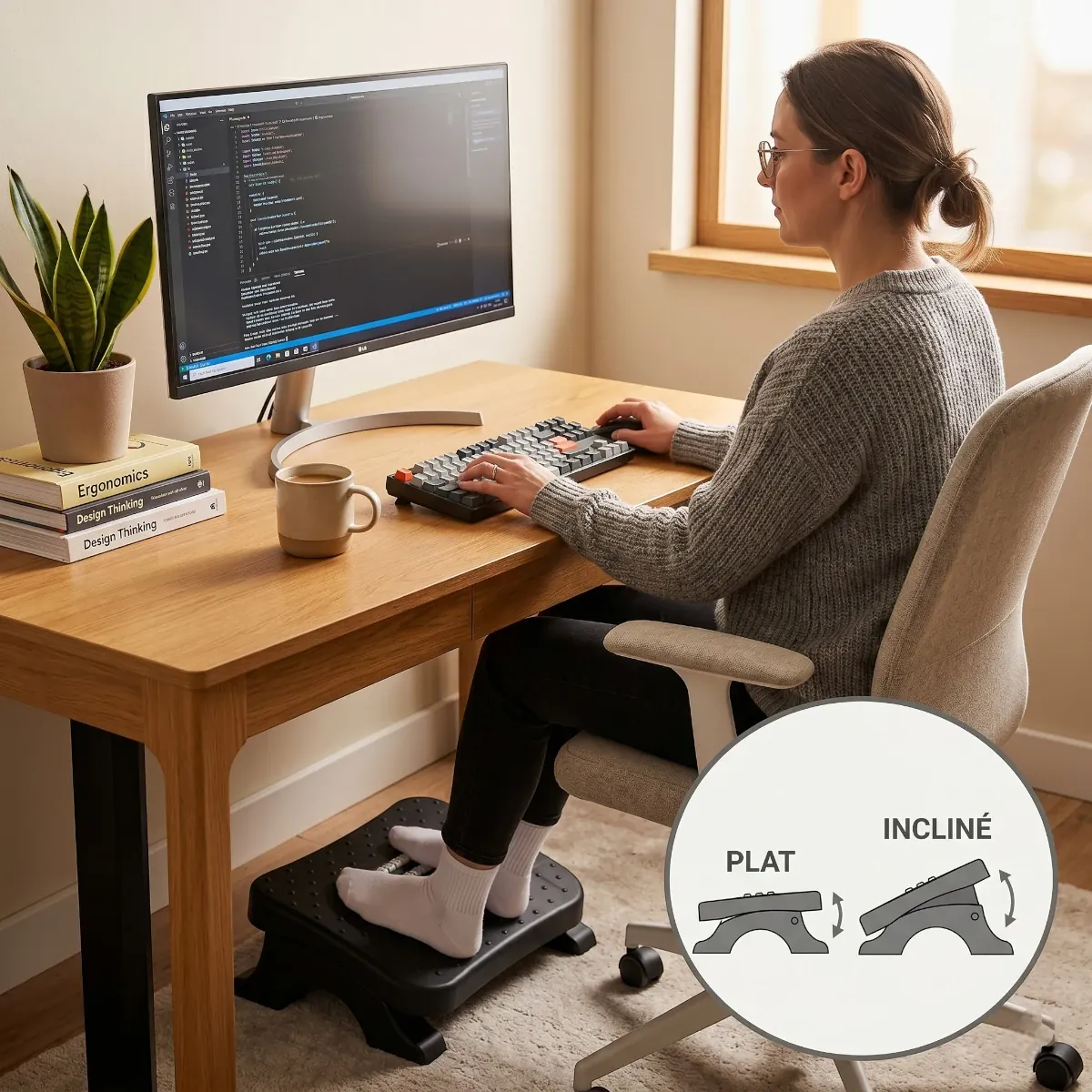 Photo de mise en situation d'une femme travaillant à son bureau sur un ordinateur, ses pieds reposant sur le repose-pieds ergonomique Nexus Step. Une vignette montre le réglage de l'angle (plat et incliné).