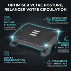 Infographie présentant les quatre bénéfices majeurs du repose-pieds ergonomique Nexus Step pour bureau : amélioration de la posture, relance de la circulation, surface massante proprioceptive et stabilité anti-stase.