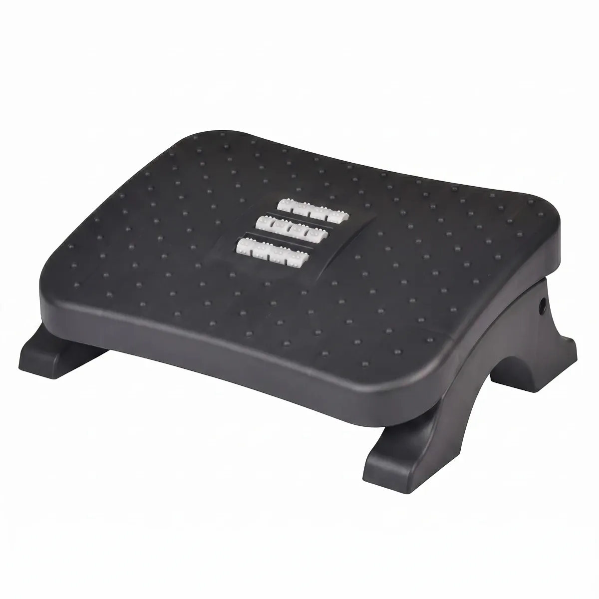 Vue de trois quarts du repose-pieds ergonomique Nexus Step en polymère haute densité sur fond blanc, montrant sa surface texturée, ses picots, et ses rouleaux de massage centraux.