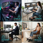 Mosaïque de quatre scénarios d'utilisation du repose-pieds ergonomique Nexus Step : gamer pour la stabilité, designer pour l'édition longue, bureau pour la prévention des TMS, et relaxation active au téléphone.