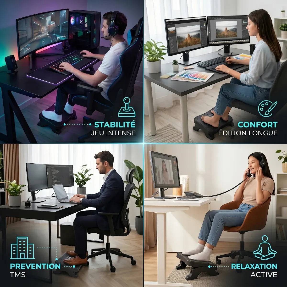Mosaïque de quatre scénarios d'utilisation du repose-pieds ergonomique Nexus Step : gamer pour la stabilité, designer pour l'édition longue, bureau pour la prévention des TMS, et relaxation active au téléphone.