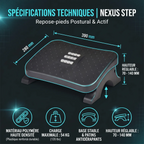 Infographie détaillée des spécifications techniques du repose-pieds ergonomique Nexus Step : dimensions du plateau (280mm x 390mm), hauteur réglable (70-140mm), charge supportée de 54kg, et base stable antidérapante.